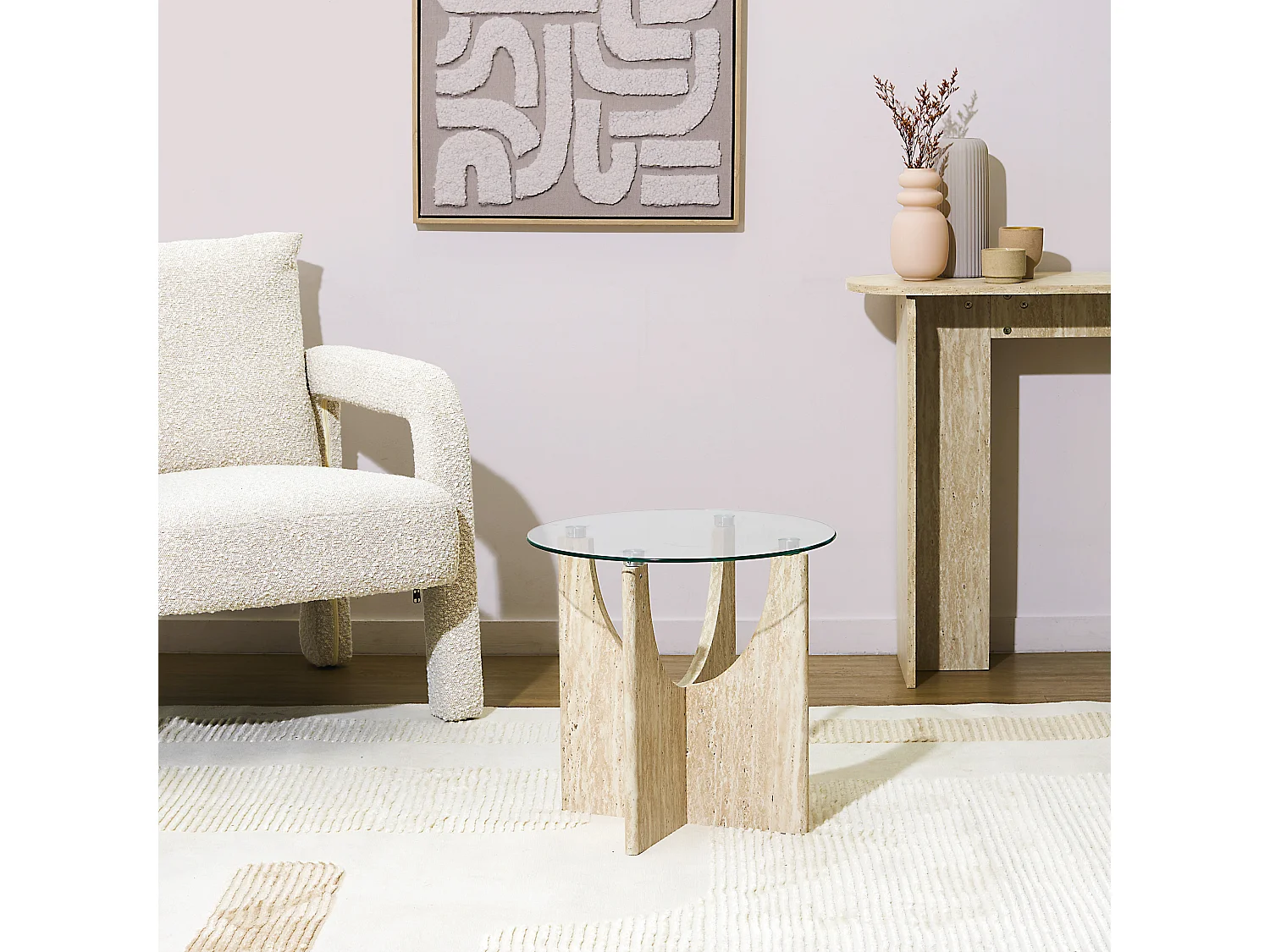 Table D'appoint Ronde Verre Pietra D45cm Blanc, Beige