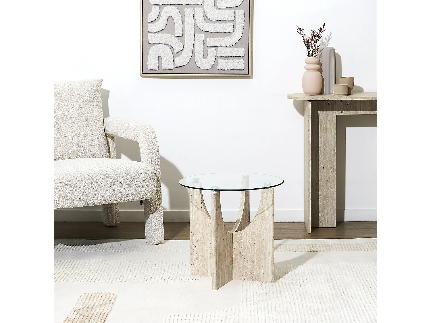 Table D'appoint Ronde Verre Pietra D45cm Blanc, Beige