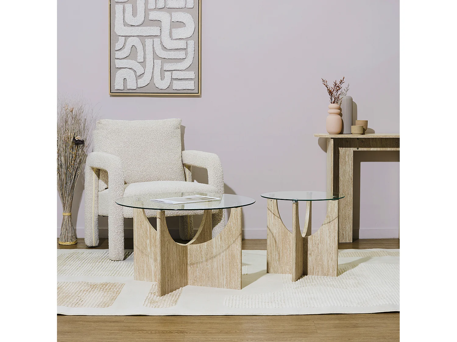 Table D'appoint Ronde Verre Pietra D45cm Blanc, Beige