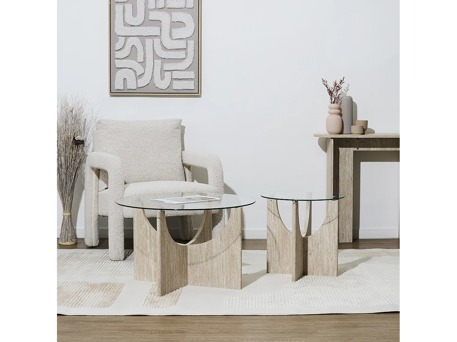 Table D'appoint Ronde Verre Pietra D45cm Blanc, Beige