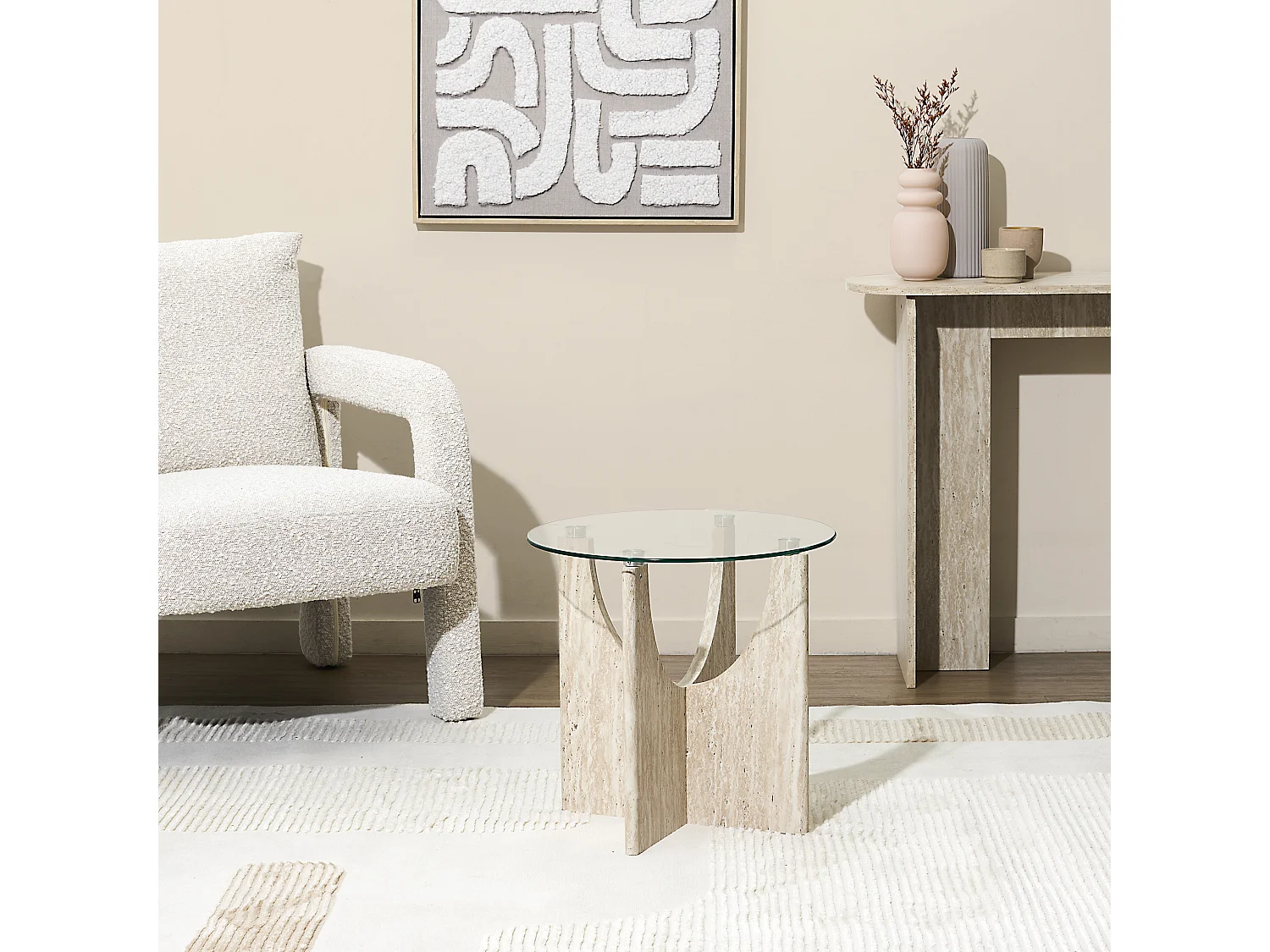 Table D'appoint Ronde Verre Pietra D45cm Blanc, Beige