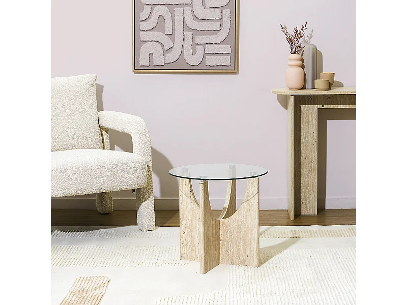 Table D'appoint Ronde Verre Pietra D45cm Blanc, Beige