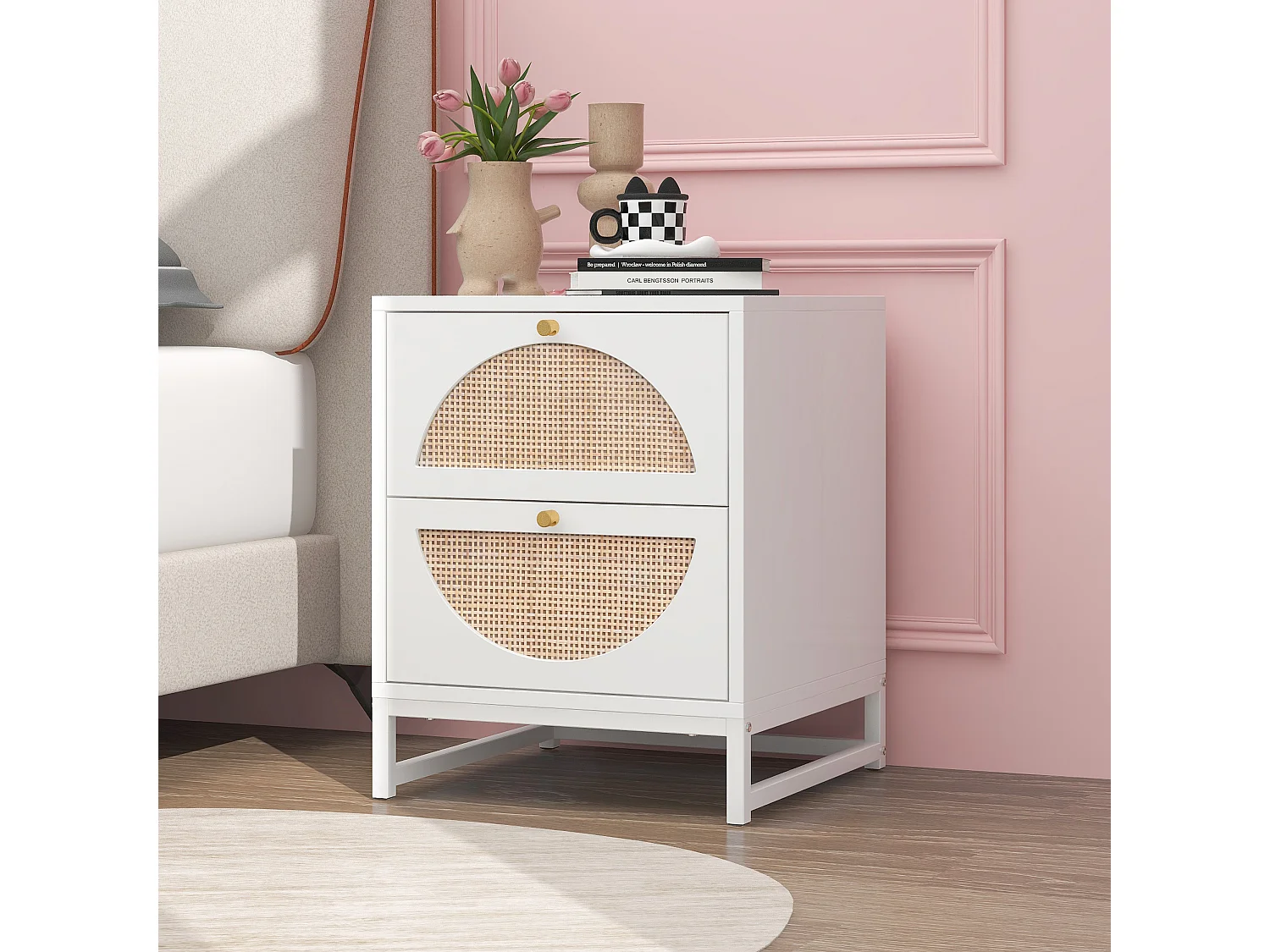 Nachttisch mit zwei Schubladen, symmetrisches, halbrundes Design