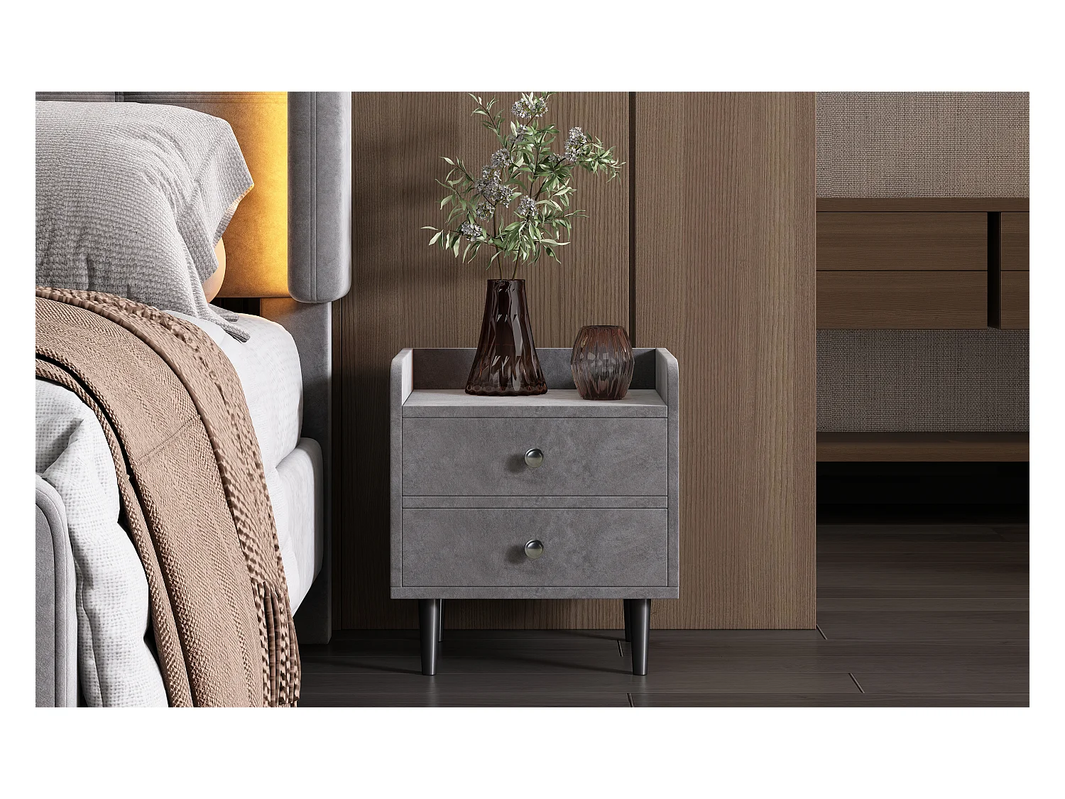 Gepolsterter Nachttisch mit 2 Schubladen, mit Trennwand, mit Metallgriff, MDF, Samt