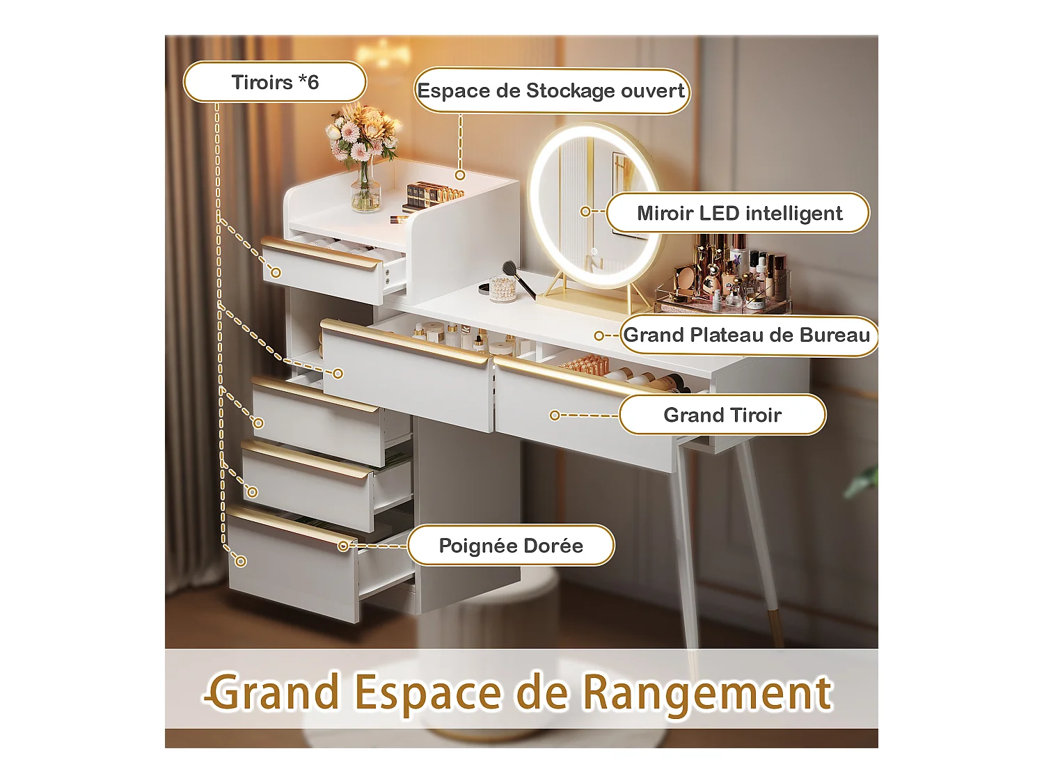 Coiffeuse avec plateau extensible,6 tiroirs et poignées dorées,miroir LED avec lumière