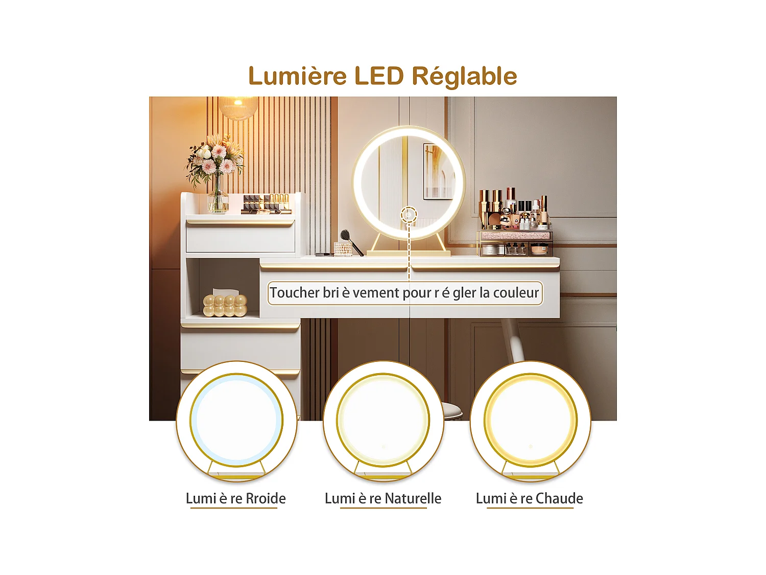 Coiffeuse avec plateau extensible,6 tiroirs et poignées dorées,miroir LED avec lumière