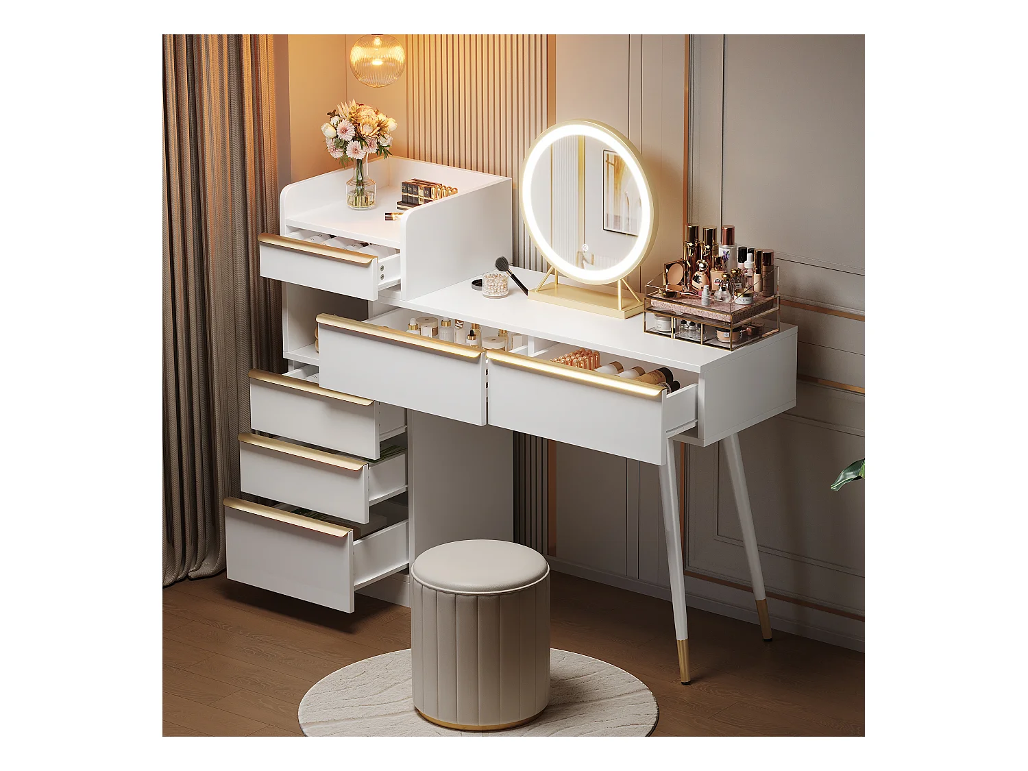 Coiffeuse avec plateau extensible,6 tiroirs et poignées dorées,miroir LED avec lumière