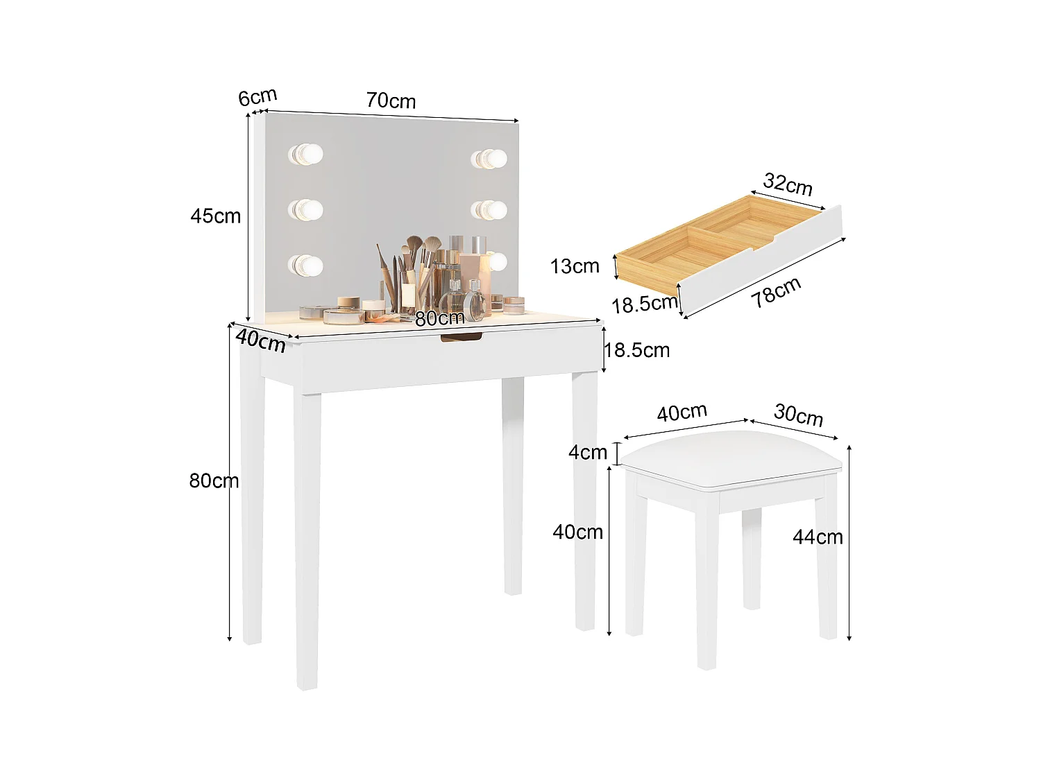 Schminktisch mit Spiegel, Schminktischhocker, Schminktisch-Set mit 6 Lampen, weiß