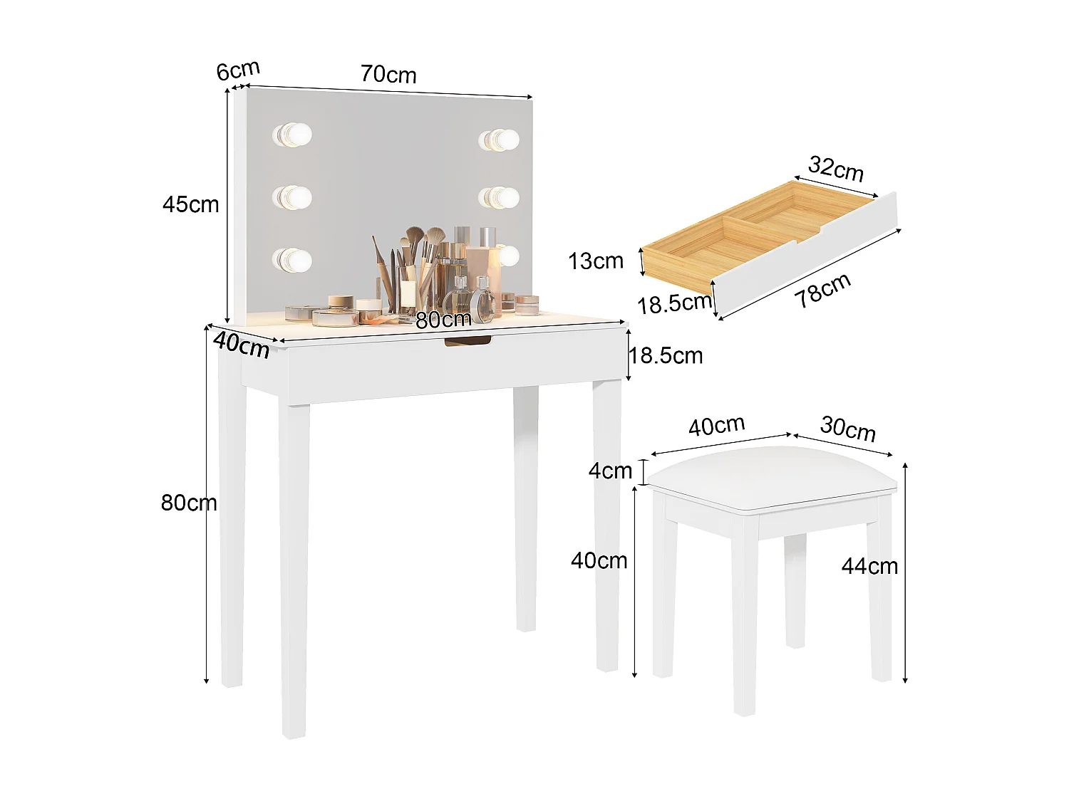 Schminktisch mit Spiegel, Schminktischhocker, Schminktisch-Set mit 6 Lampen, weiß