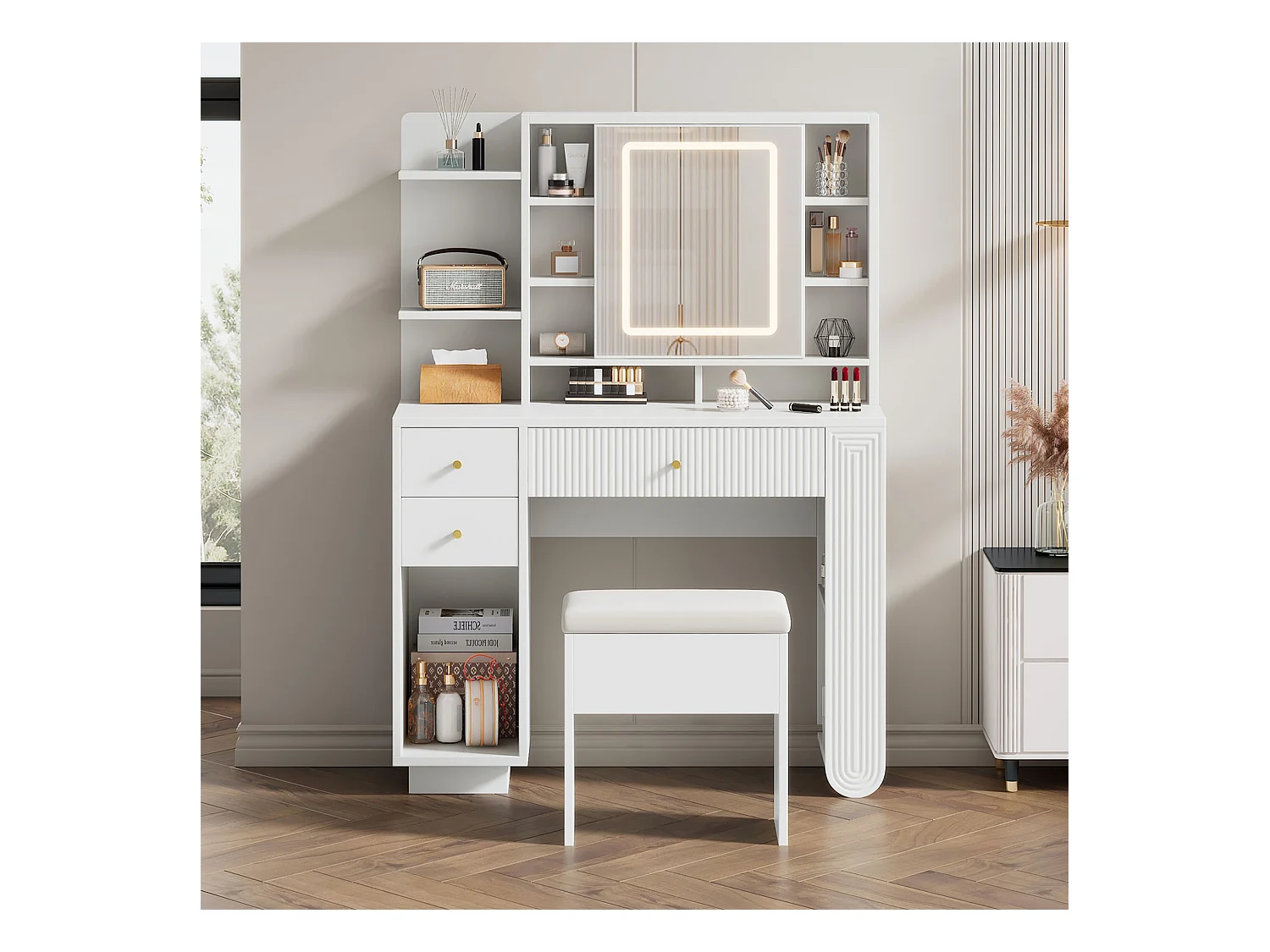 Verlichte kaptafel met spiegel en kruk - Kaptafel met lades en open plank