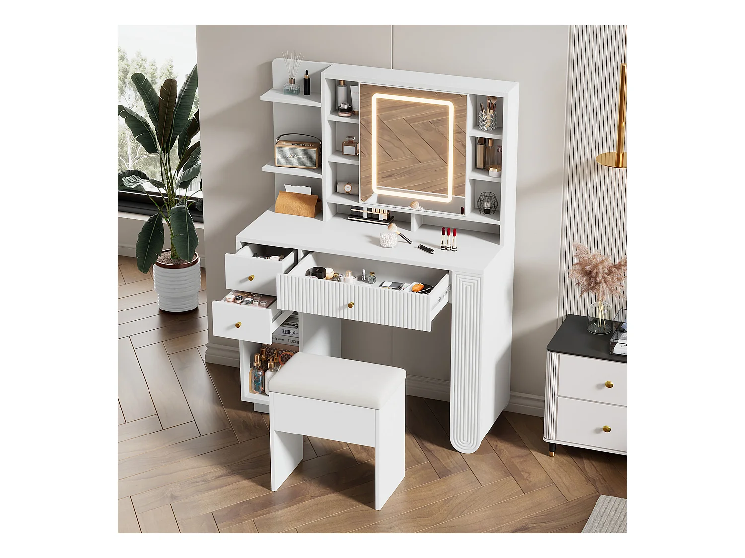 Verlichte kaptafel met spiegel en kruk - Kaptafel met lades en open plank