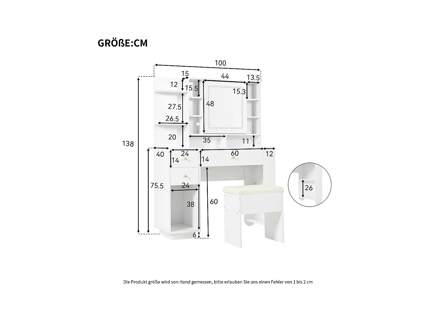 Verlichte kaptafel met spiegel en kruk - Kaptafel met lades en open plank