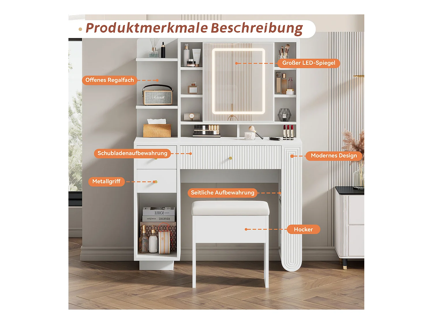 Verlichte kaptafel met spiegel en kruk - Kaptafel met lades en open plank