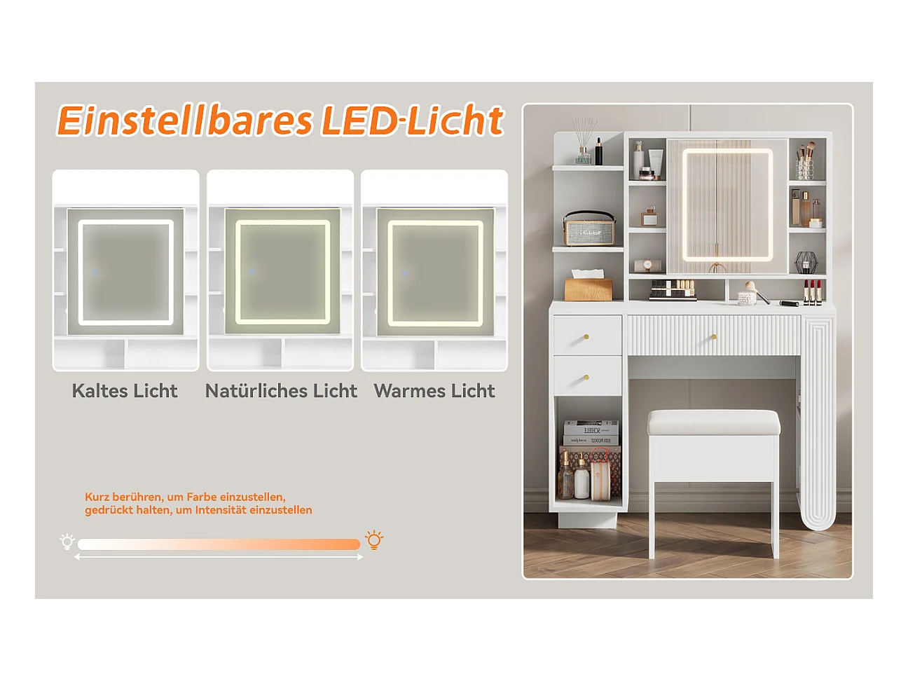 Verlichte kaptafel met spiegel en kruk - Kaptafel met lades en open plank