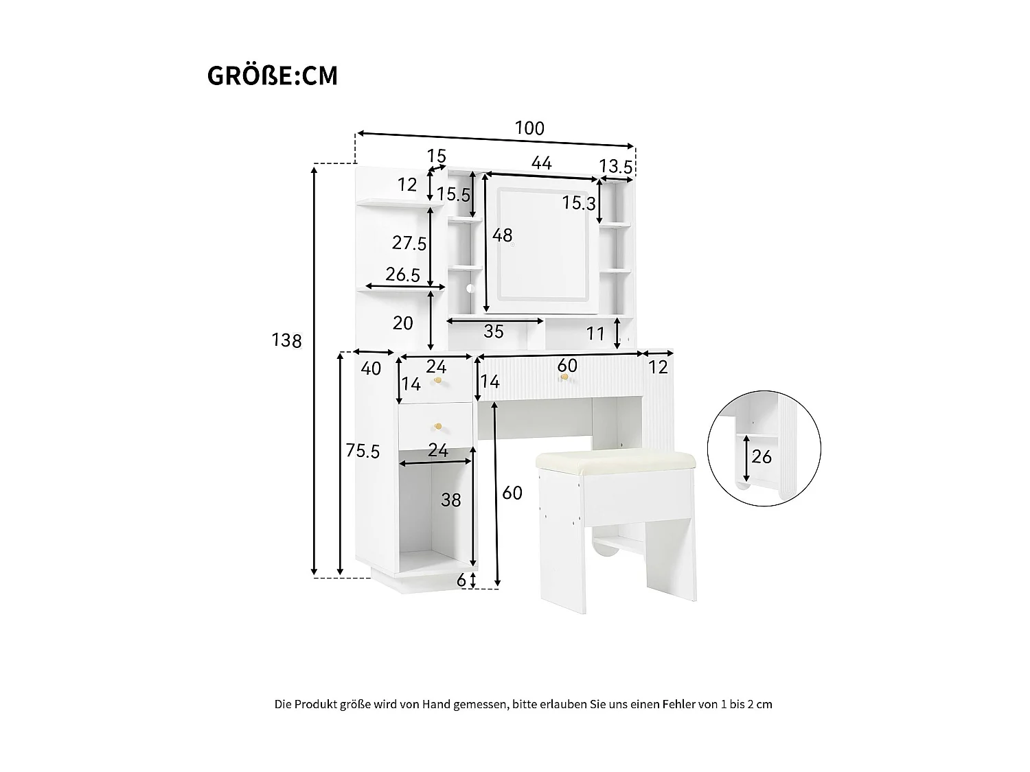 Beleuchteter Schminktisch mit Spiegel und Hocker – Schminktisch mit Schubladen und offenem Regal