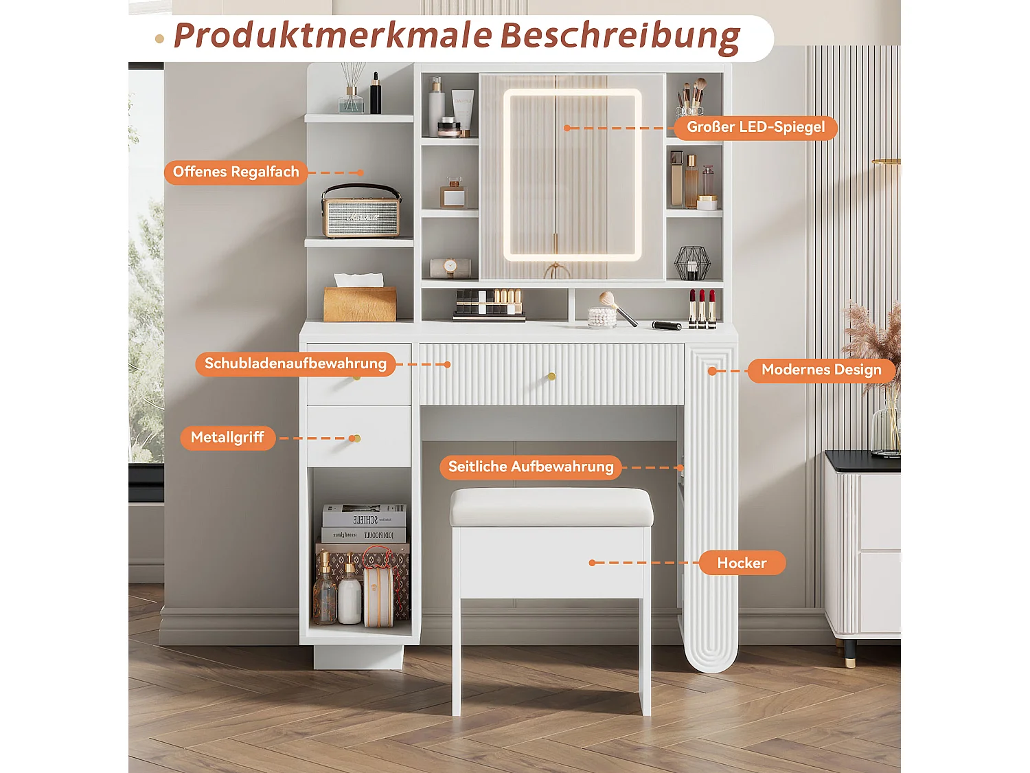 Beleuchteter Schminktisch mit Spiegel und Hocker – Schminktisch mit Schubladen und offenem Regal