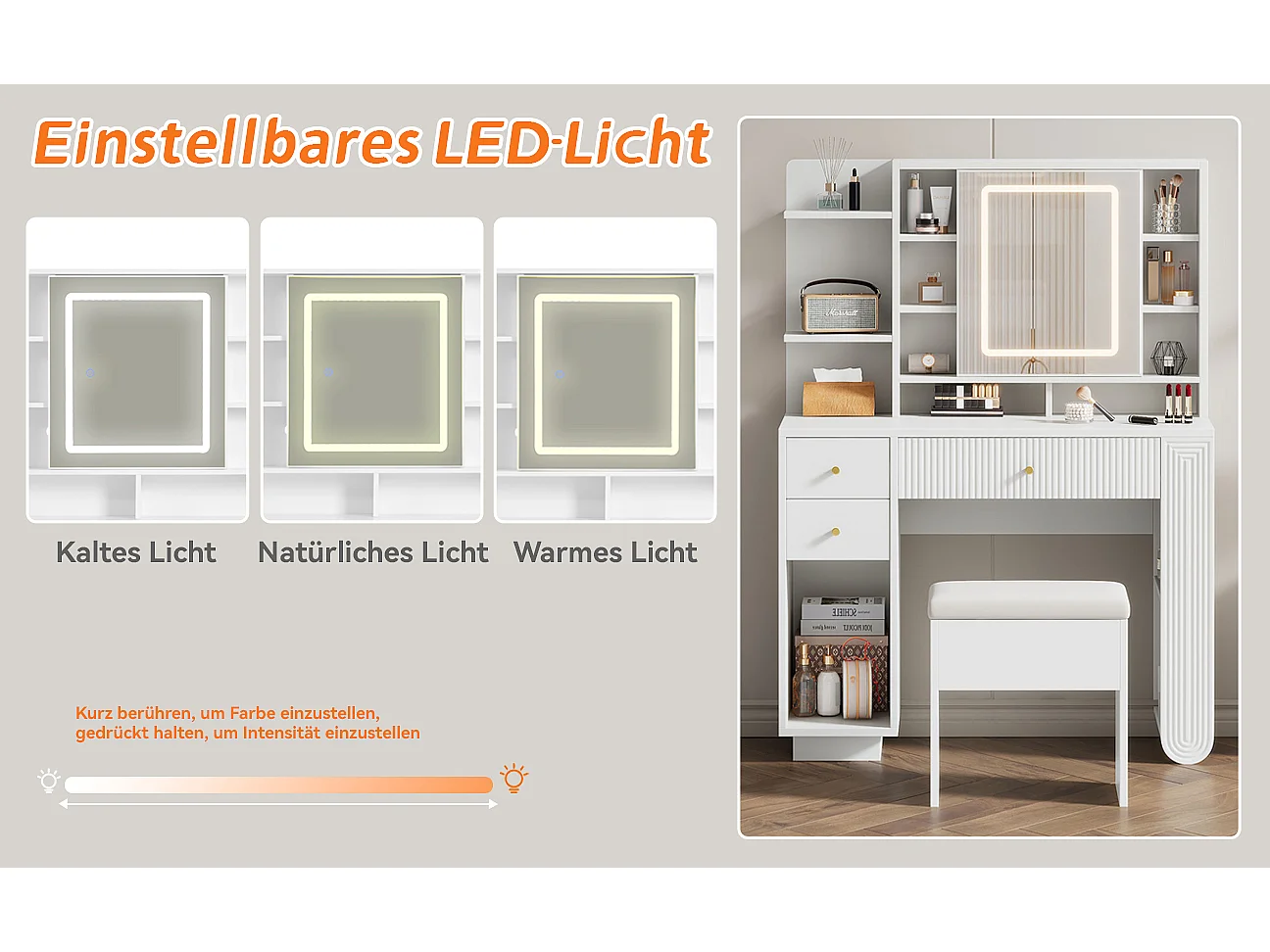 Beleuchteter Schminktisch mit Spiegel und Hocker – Schminktisch mit Schubladen und offenem Regal