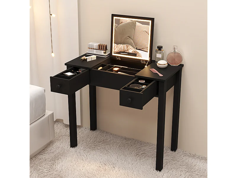 Coiffeuse noire chic avec éclairage LED,miroir rabattable et 2 tiroirs pour bijoux femme