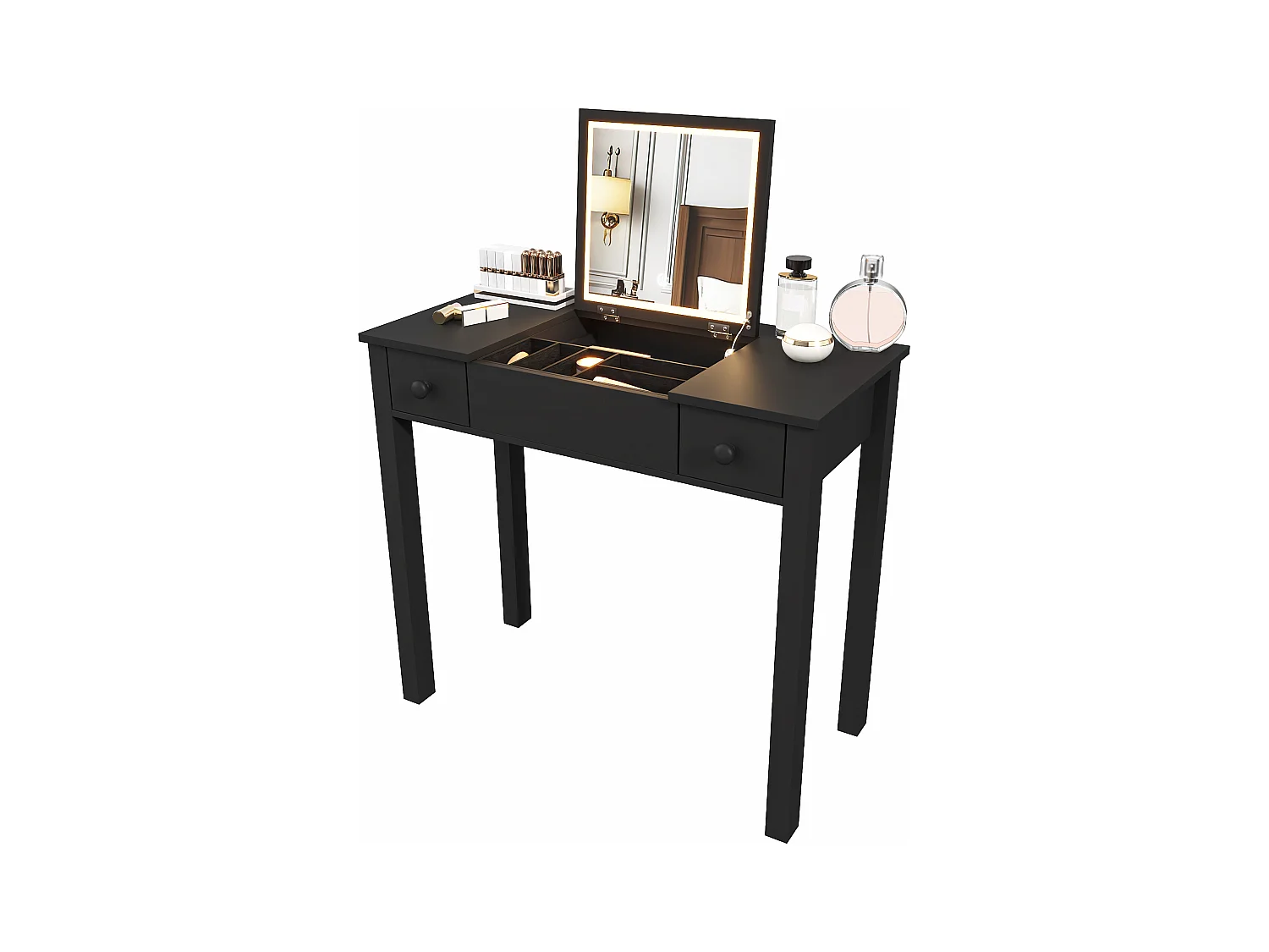 Coiffeuse noire chic avec éclairage LED,miroir rabattable et 2 tiroirs pour bijoux femme