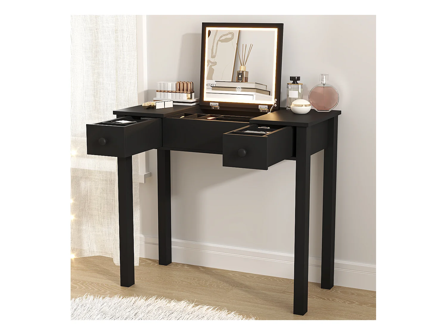 Coiffeuse noire chic avec éclairage LED,miroir rabattable et 2 tiroirs pour bijoux femme