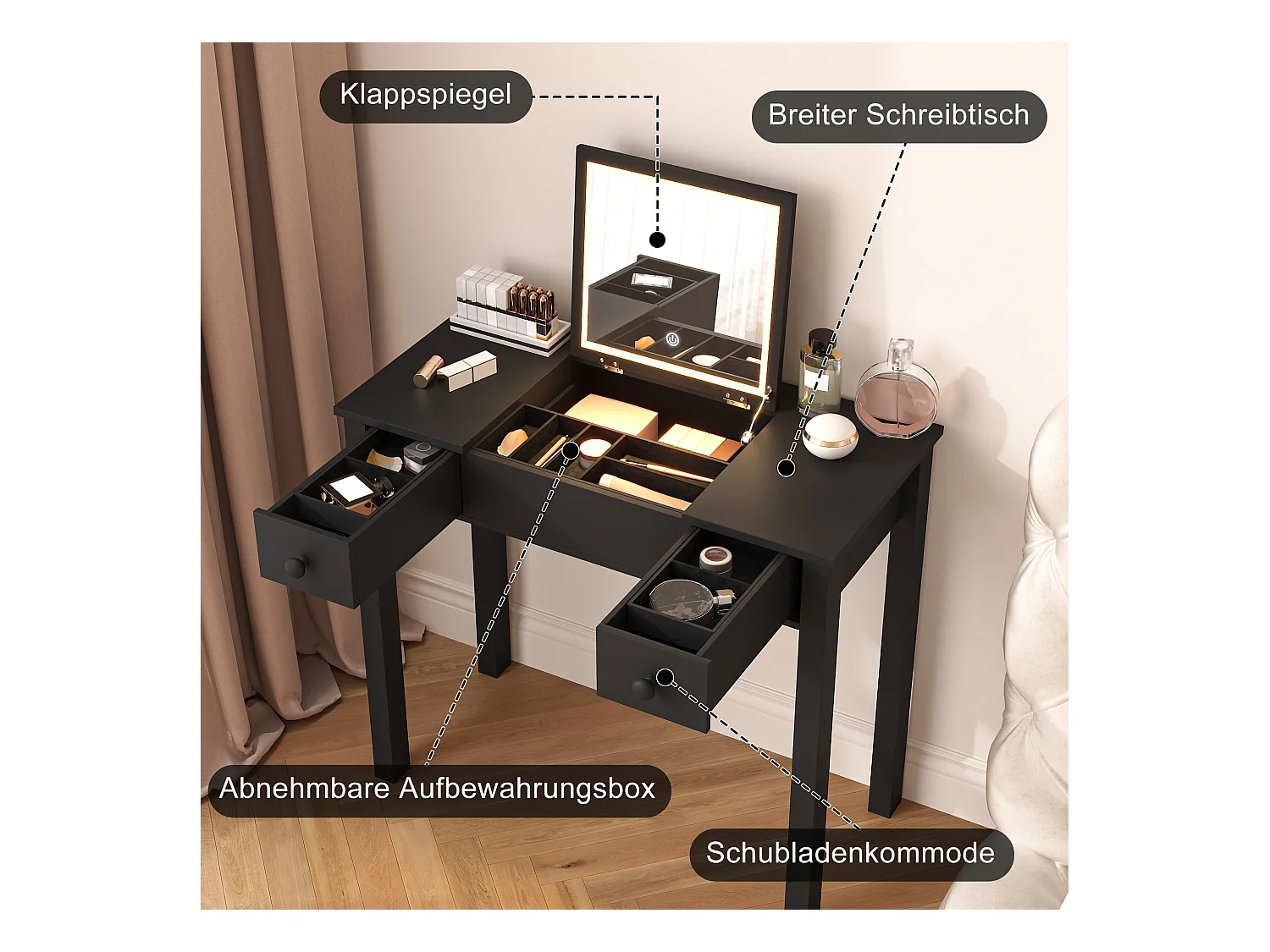 Coiffeuse noire chic avec éclairage LED,miroir rabattable et 2 tiroirs pour bijoux femme