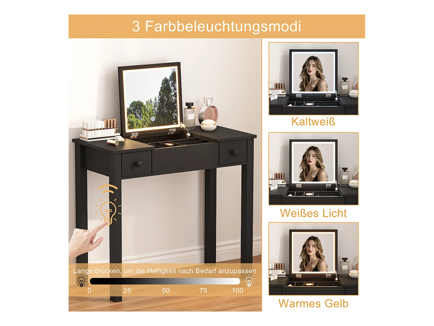 Coiffeuse noire chic avec éclairage LED,miroir rabattable et 2 tiroirs pour bijoux femme