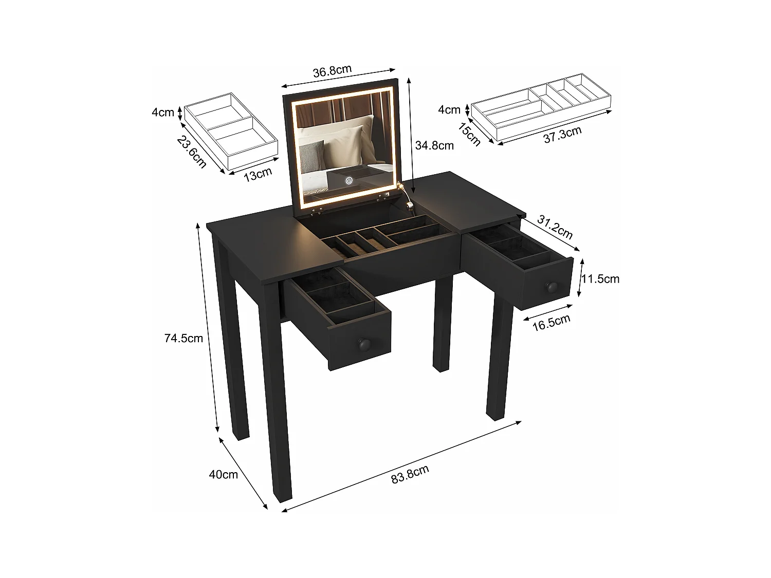 Coiffeuse noire chic avec éclairage LED,miroir rabattable et 2 tiroirs pour bijoux femme