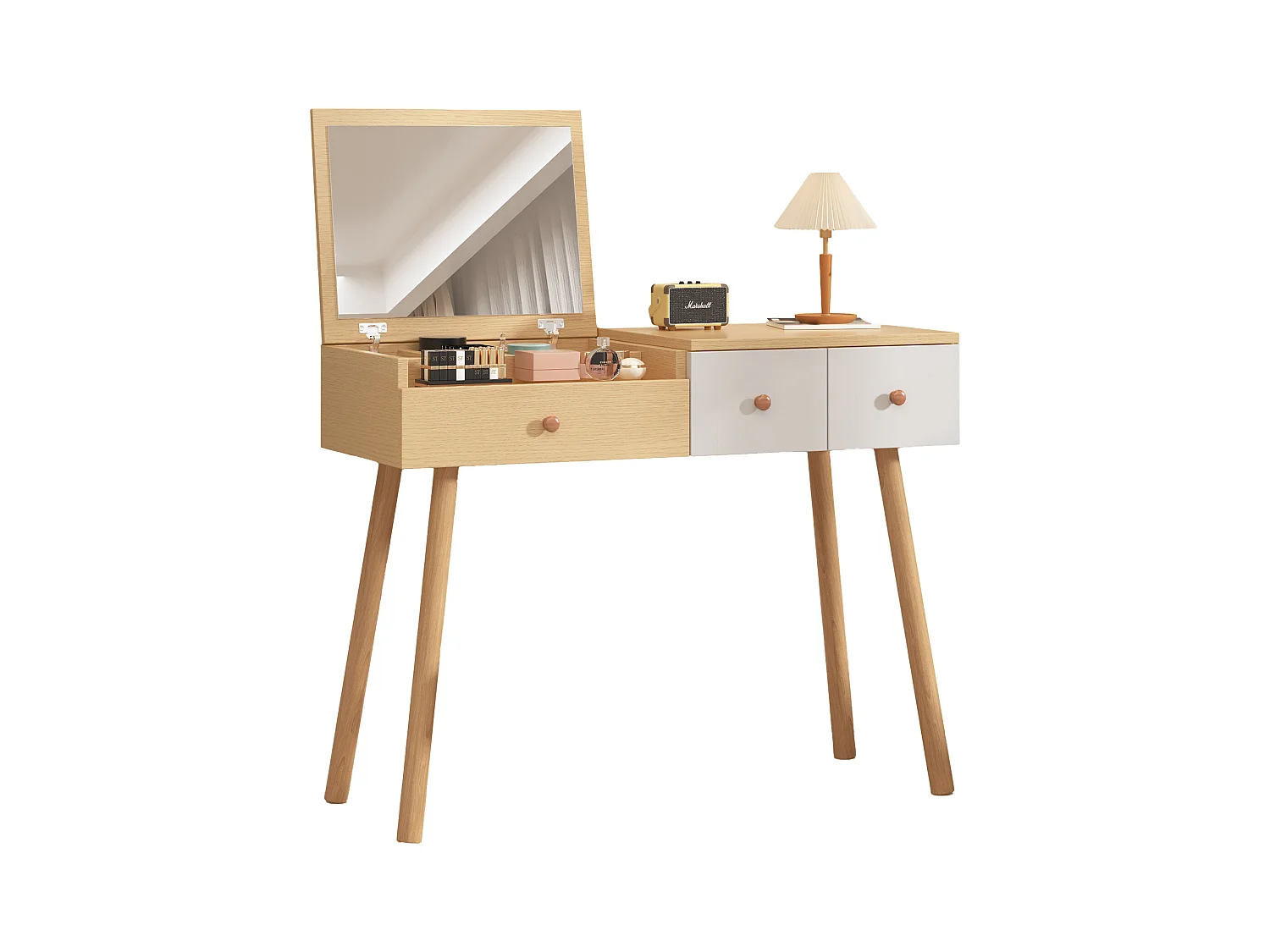 Schminktisch, Kosmetiktisch mit Spiegel, Holz-Schminktisch mit Schubladen, ohne Hocker