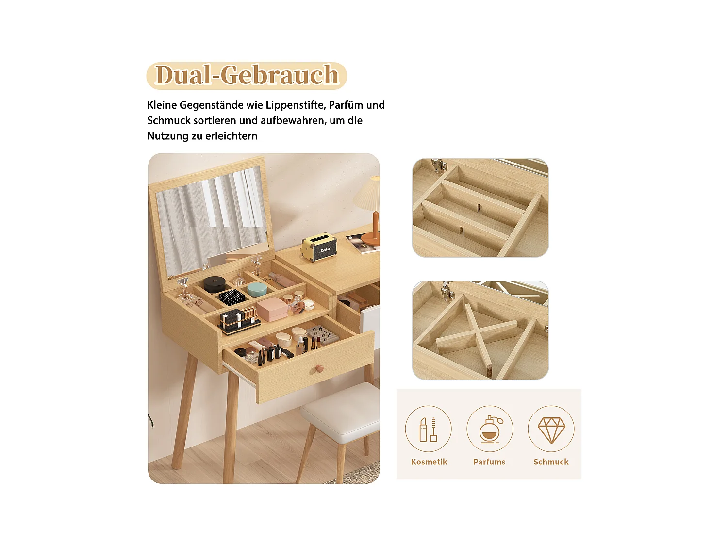 Schminktisch, Kosmetiktisch mit Spiegel, Holz-Schminktisch mit Schubladen, ohne Hocker