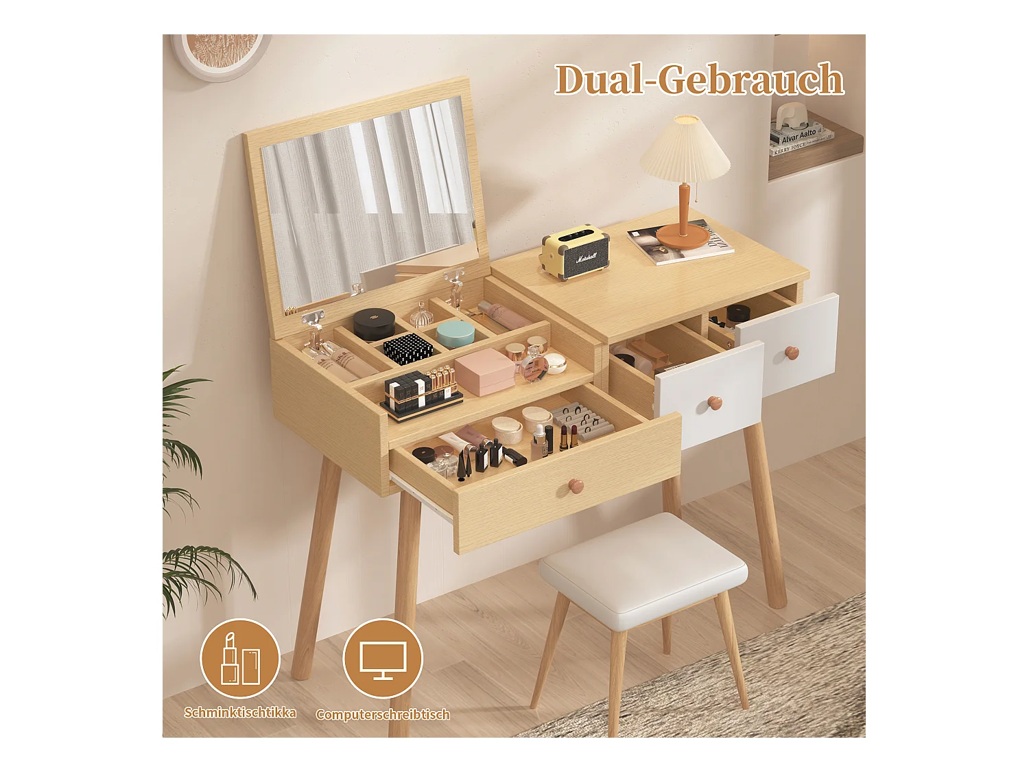 Schminktisch, Kosmetiktisch mit Spiegel, Holz-Schminktisch mit Schubladen, ohne Hocker