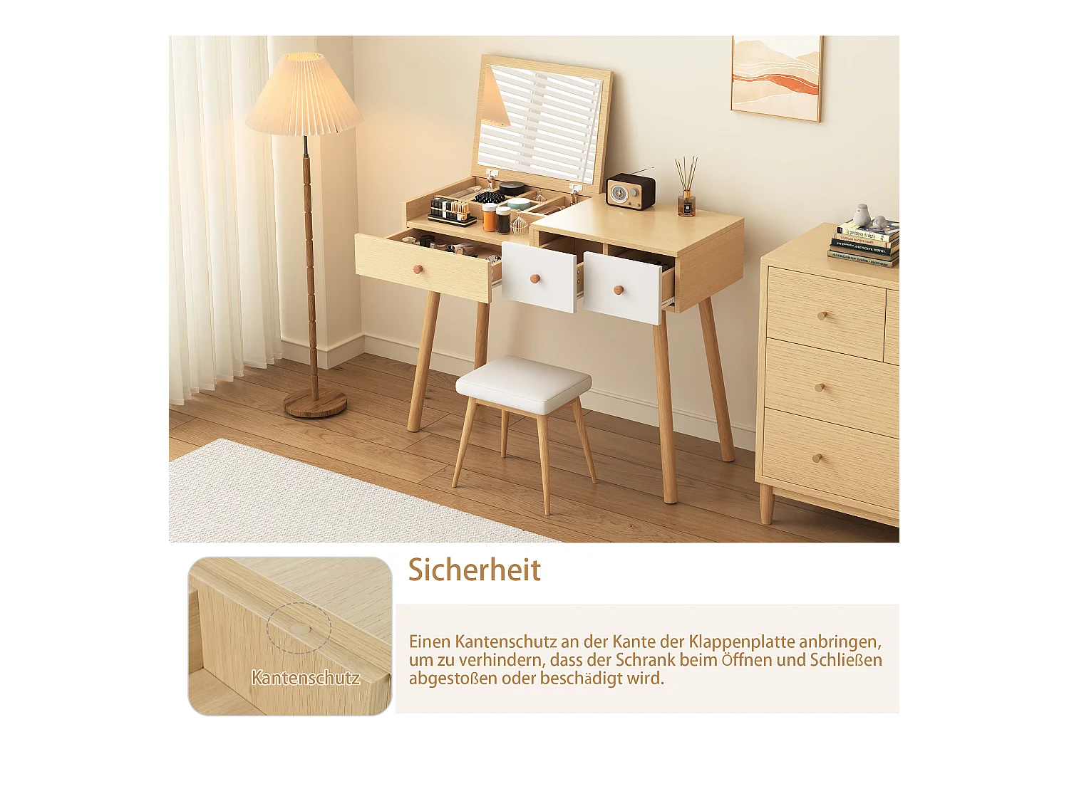 Schminktisch, Kosmetiktisch mit Spiegel, Holz-Schminktisch mit Schubladen, ohne Hocker