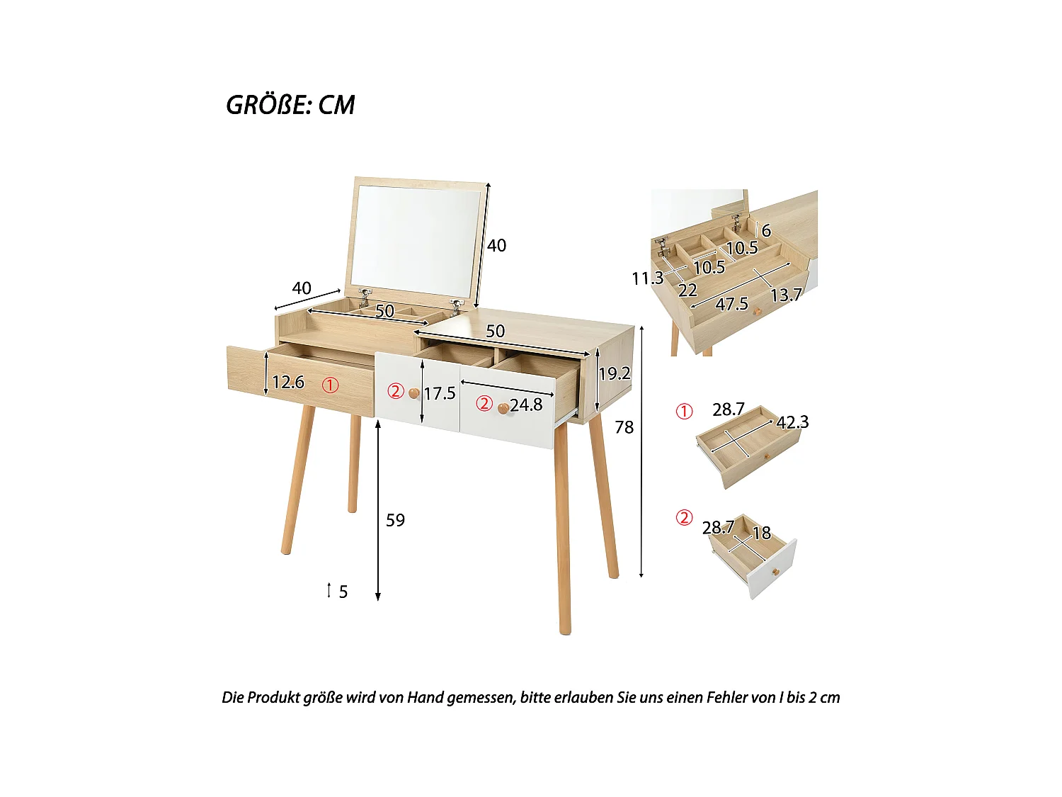 Schminktisch, Kosmetiktisch mit Spiegel, Holz-Schminktisch mit Schubladen, ohne Hocker
