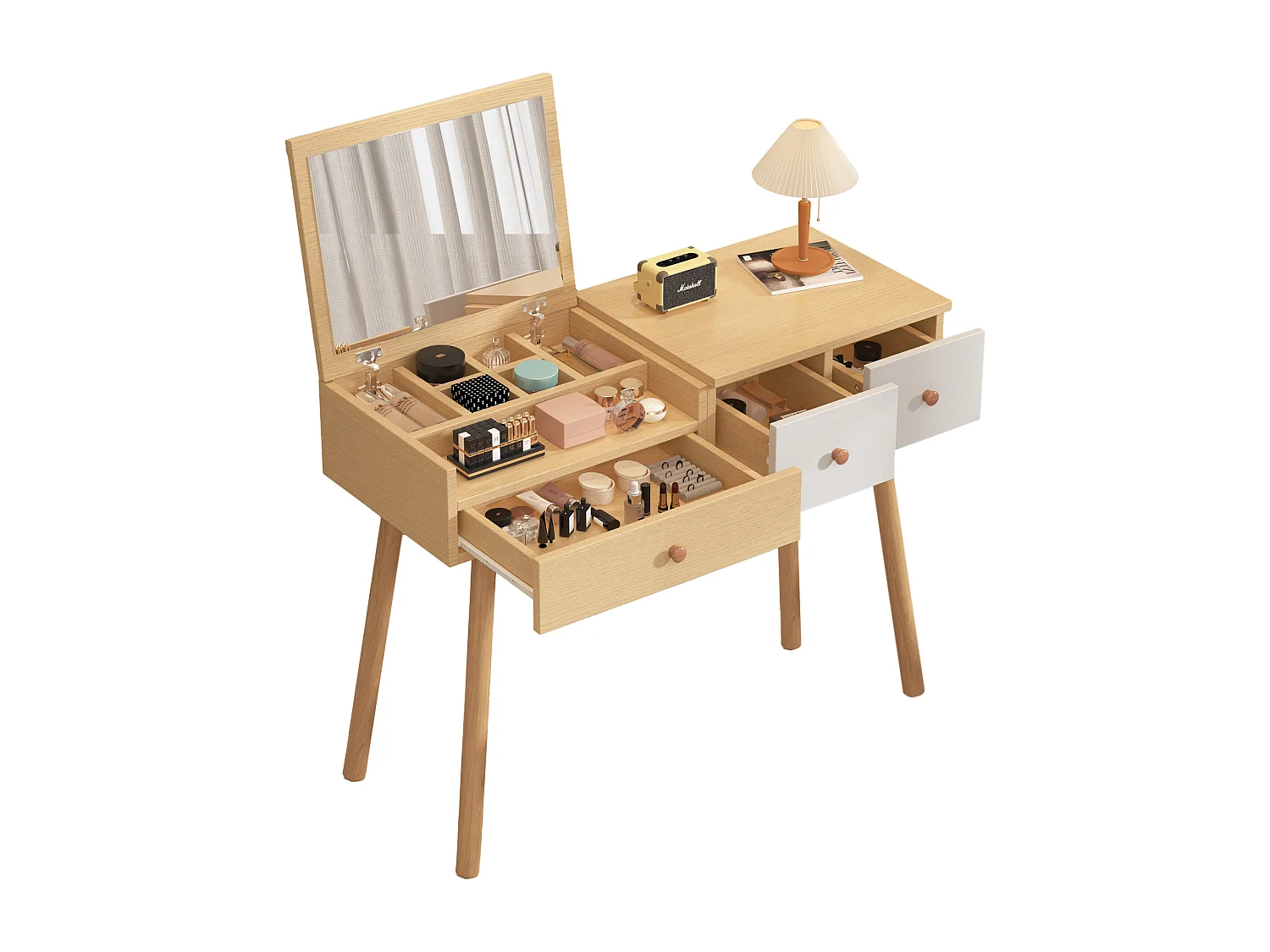 Schminktisch, Kosmetiktisch mit Spiegel, Holz-Schminktisch mit Schubladen, ohne Hocker