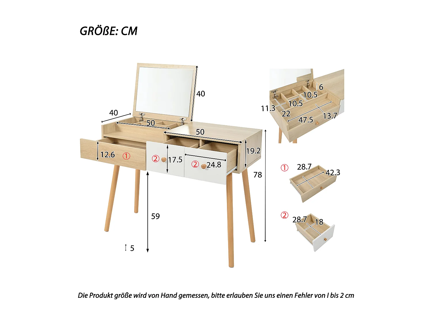 Schminktisch, Kosmetiktisch mit Spiegel, Holz-Schminktisch mit Schubladen, ohne Hocker