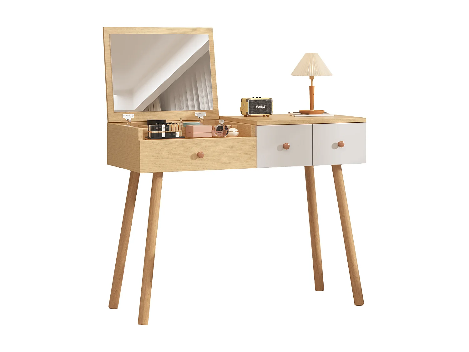 Schminktisch, Kosmetiktisch mit Spiegel, Holz-Schminktisch mit Schubladen, ohne Hocker