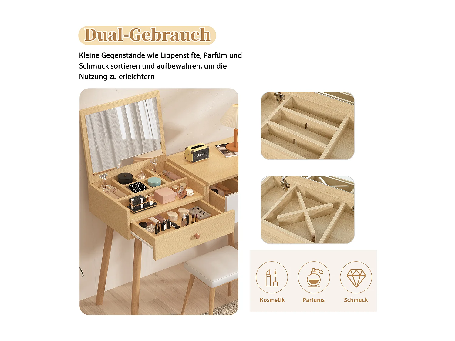 Schminktisch, Kosmetiktisch mit Spiegel, Holz-Schminktisch mit Schubladen, ohne Hocker