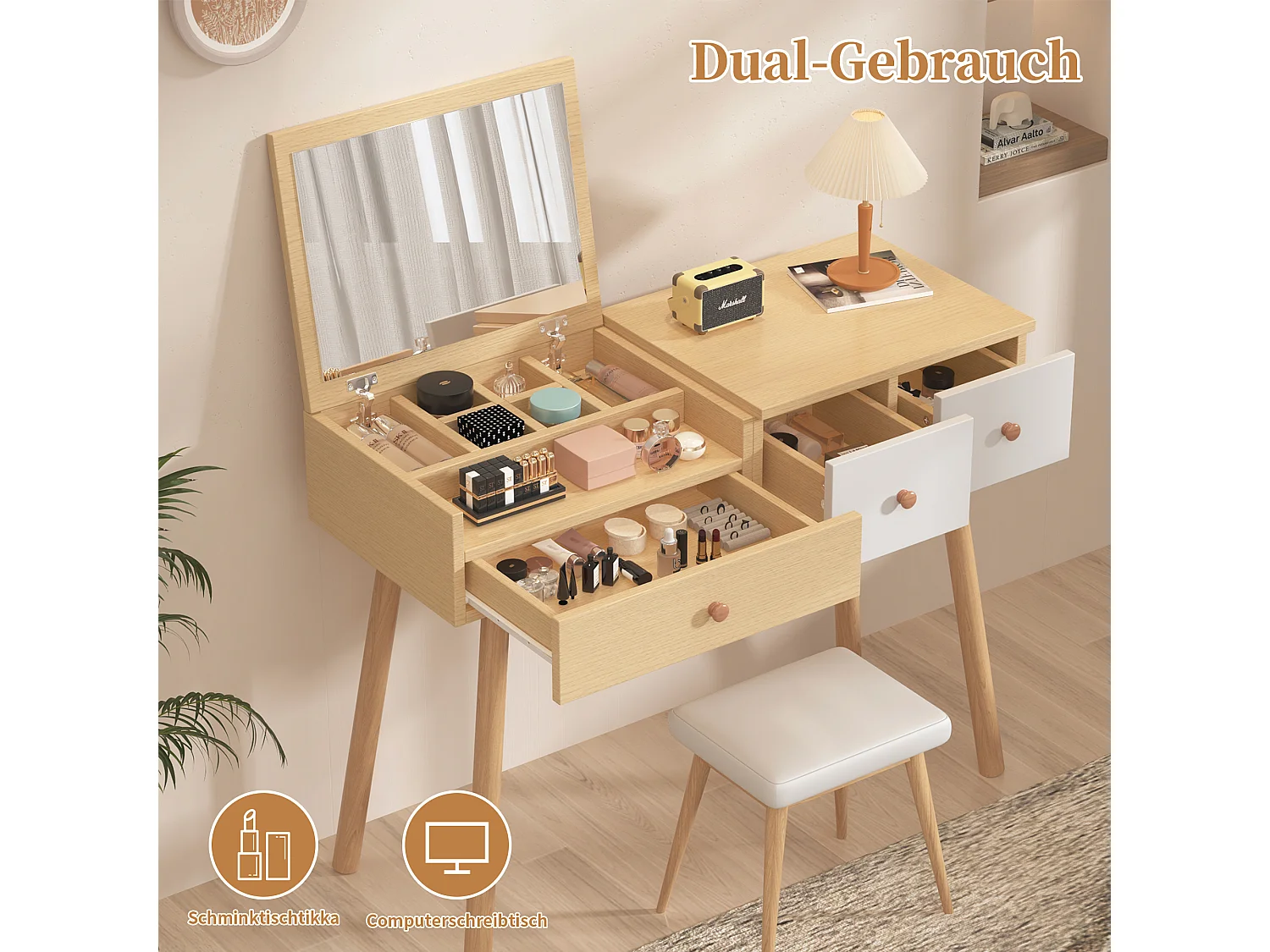 Schminktisch, Kosmetiktisch mit Spiegel, Holz-Schminktisch mit Schubladen, ohne Hocker