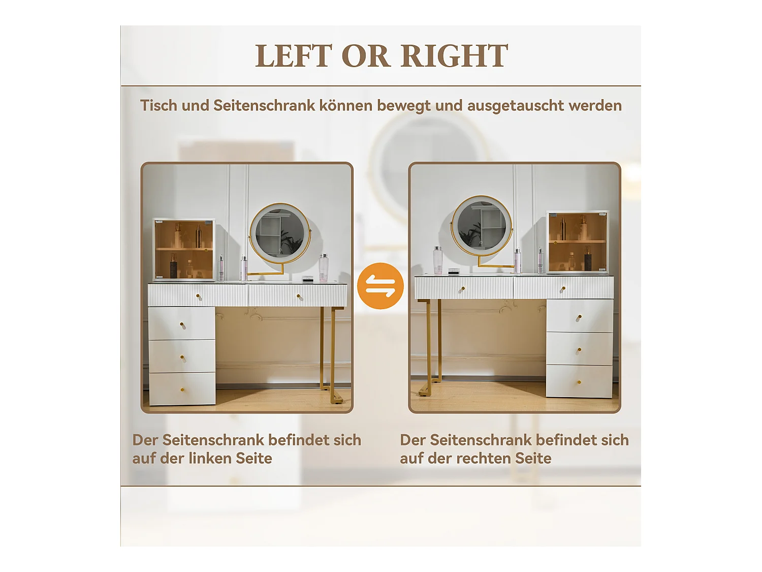 Schminktisch-Set mit LED-Beleuchtung, transparenter Hartglasplatte