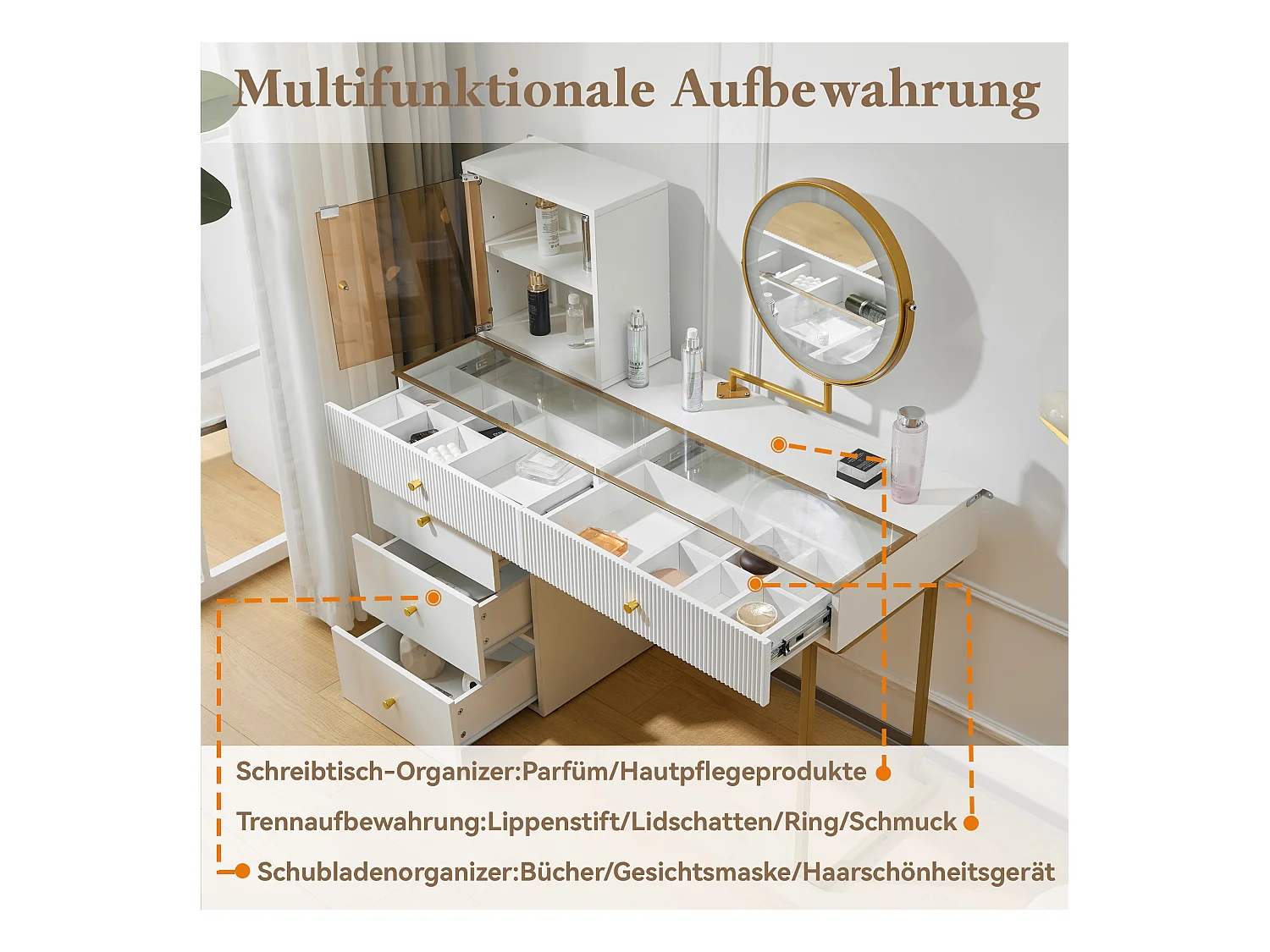 Schminktisch-Set mit LED-Beleuchtung, transparenter Hartglasplatte