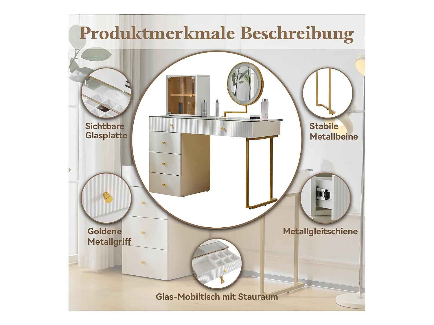 Schminktisch-Set mit LED-Beleuchtung, transparenter Hartglasplatte