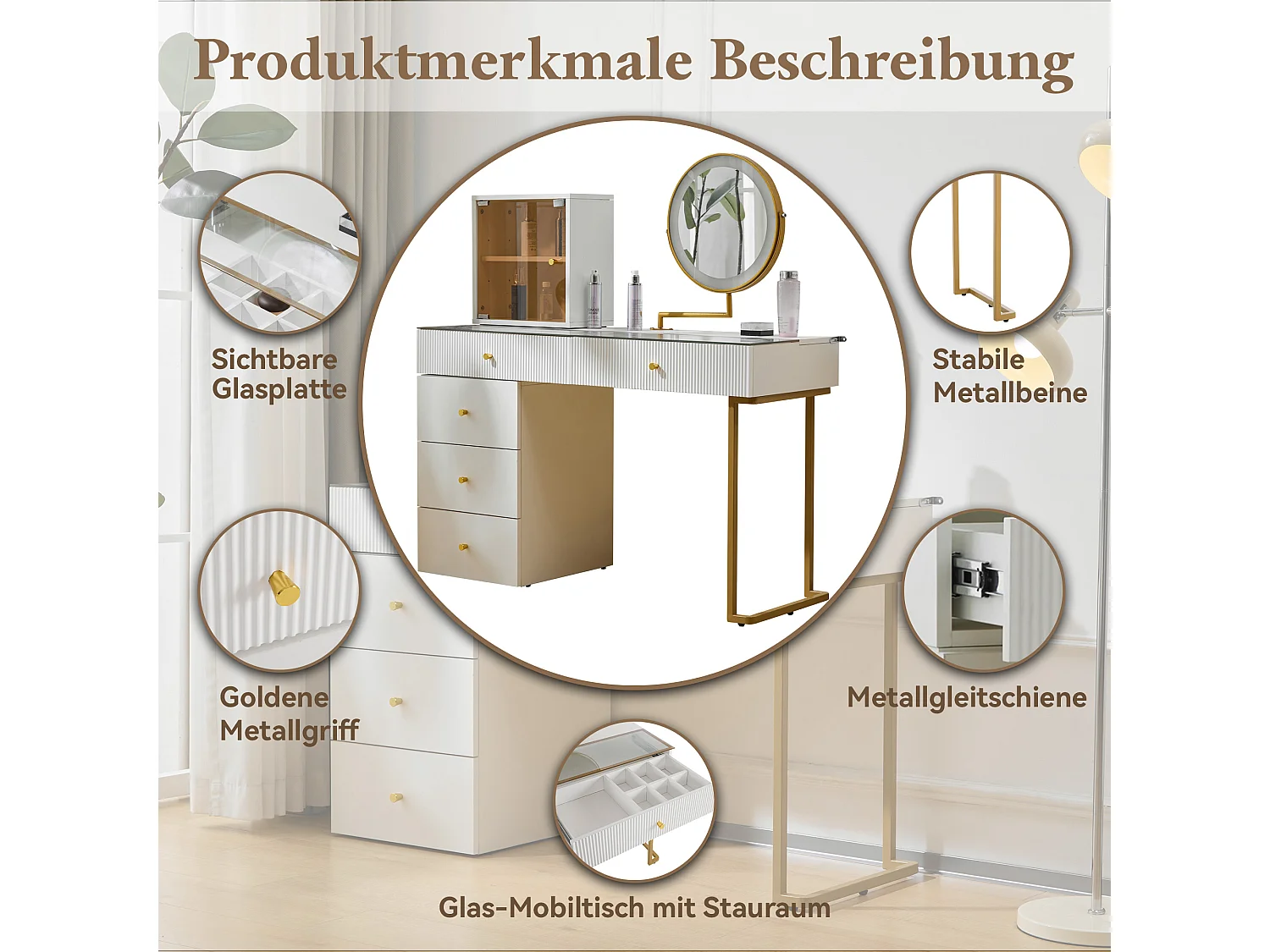 Ensemble de coiffeuse avec miroir éclairé par LED,plateau en verre trempé transparent