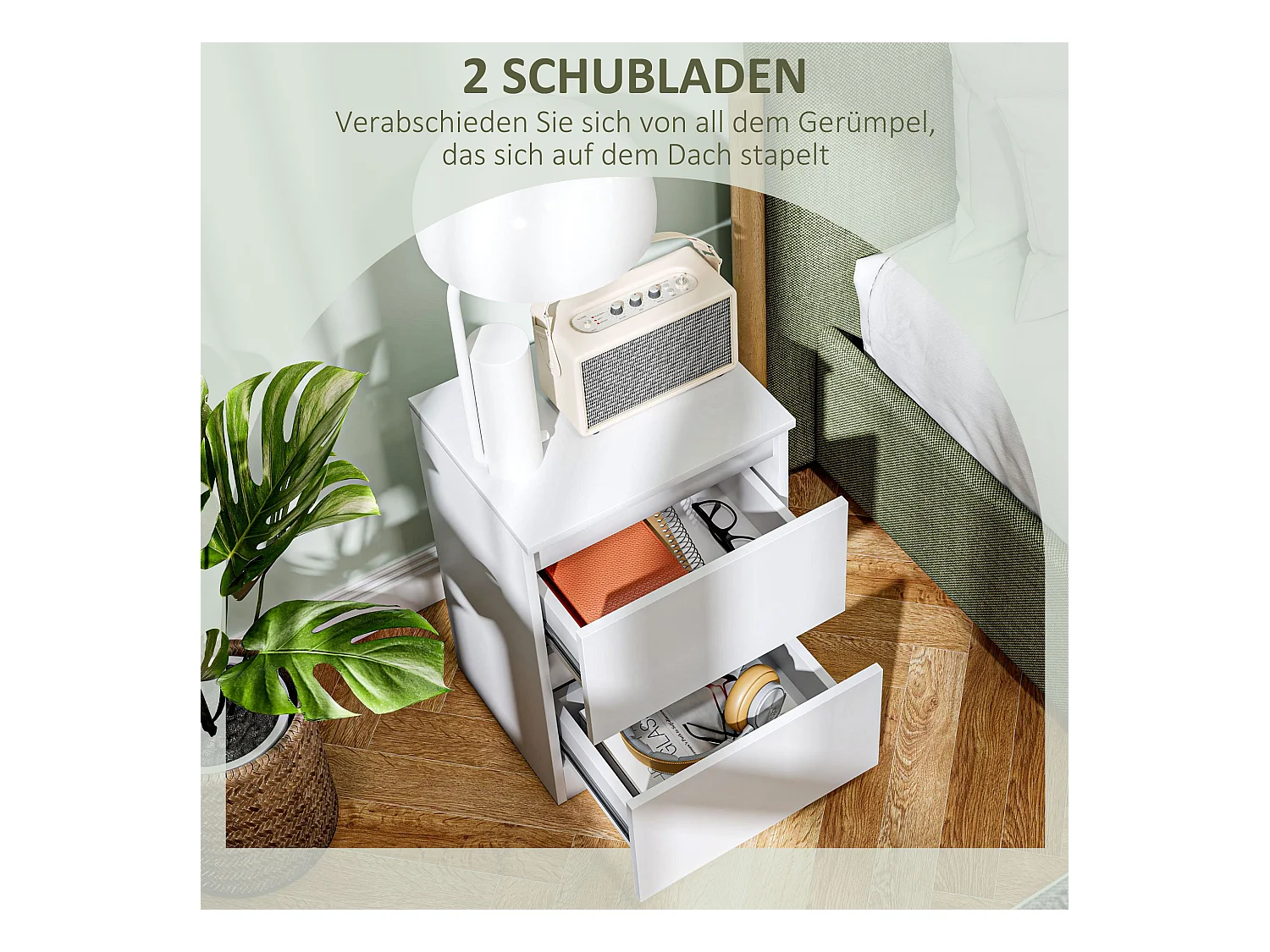Nachttisch mit 2 Schubladen, Nachttisch mit Stauraum, Nachttisch