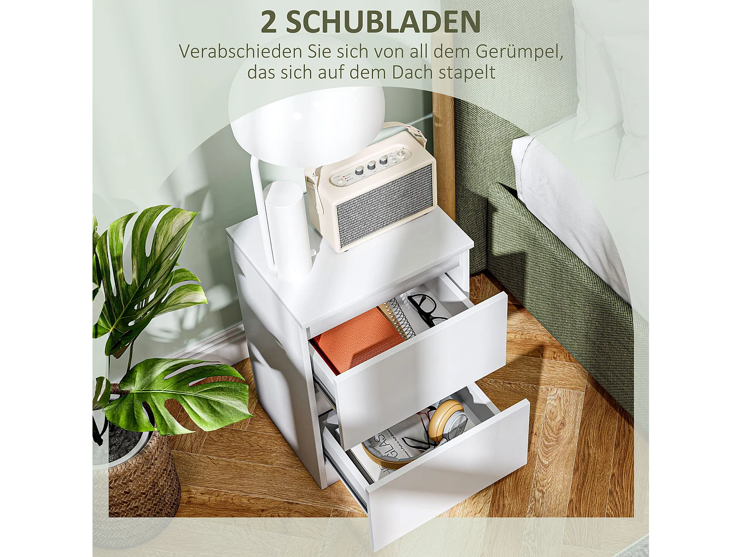 Nachttisch mit 2 Schubladen, Nachttisch mit Stauraum, Nachttisch