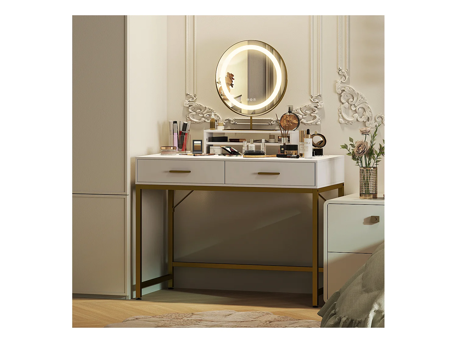 Coiffeuse avec éclairage LED,miroir réglable,table de maquillage avec 2 tiroirs