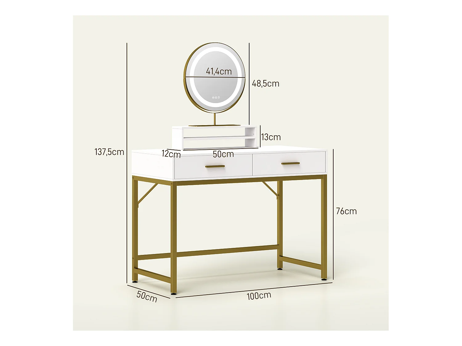 Schminktisch mit LED-Beleuchtung, verstellbarem Spiegel, Schminktisch mit 2 Schubladen