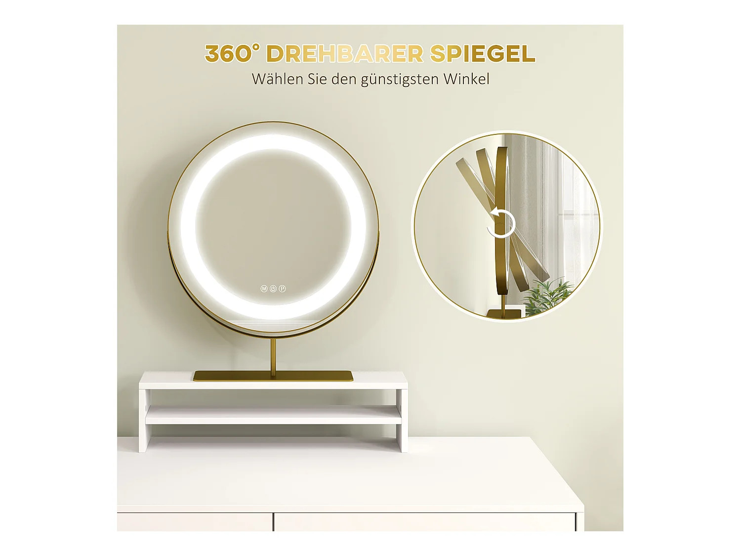 Schminktisch mit LED-Beleuchtung, verstellbarem Spiegel, Schminktisch mit 2 Schubladen