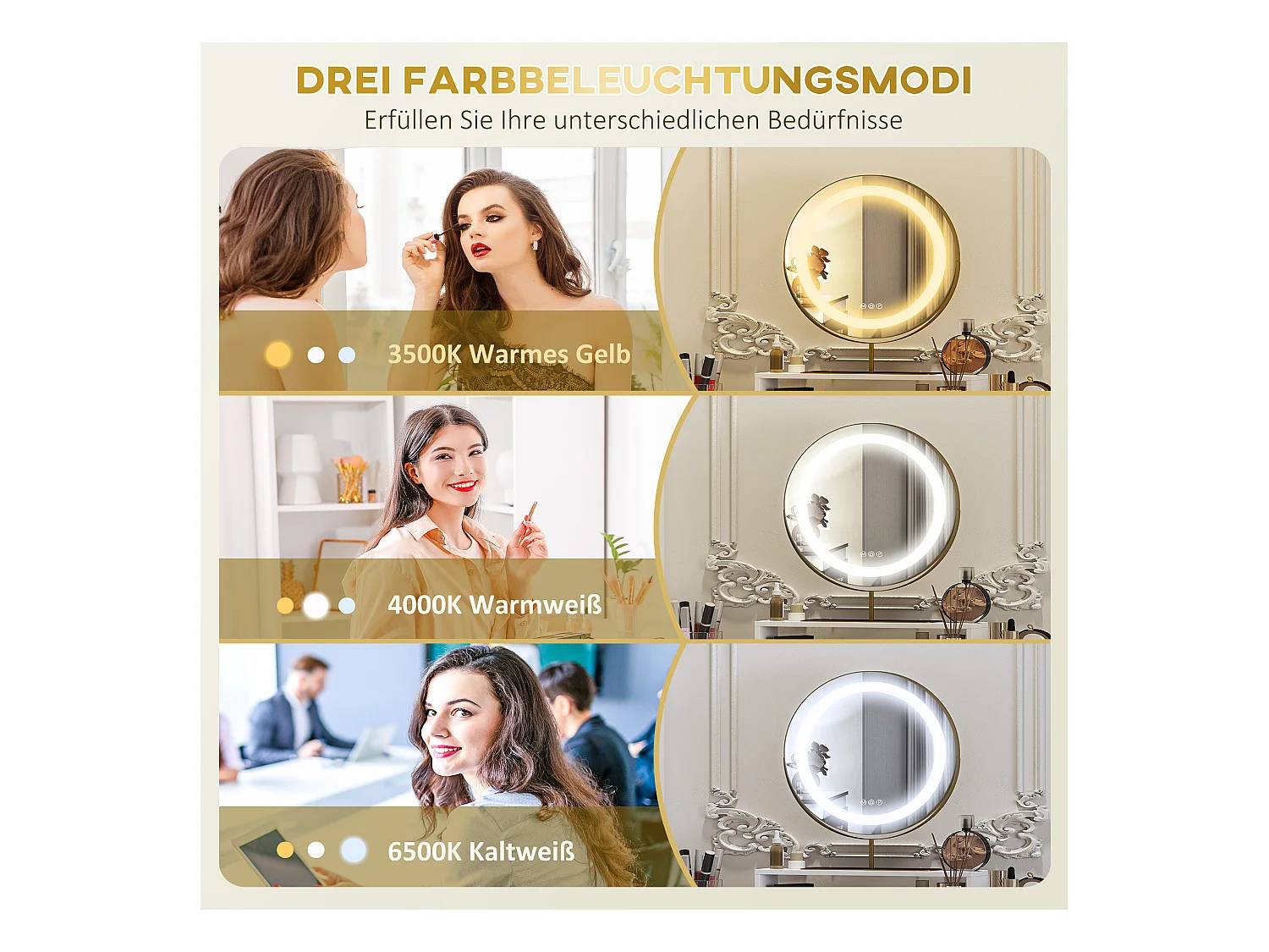 Schminktisch mit LED-Beleuchtung, verstellbarem Spiegel, Schminktisch mit 2 Schubladen