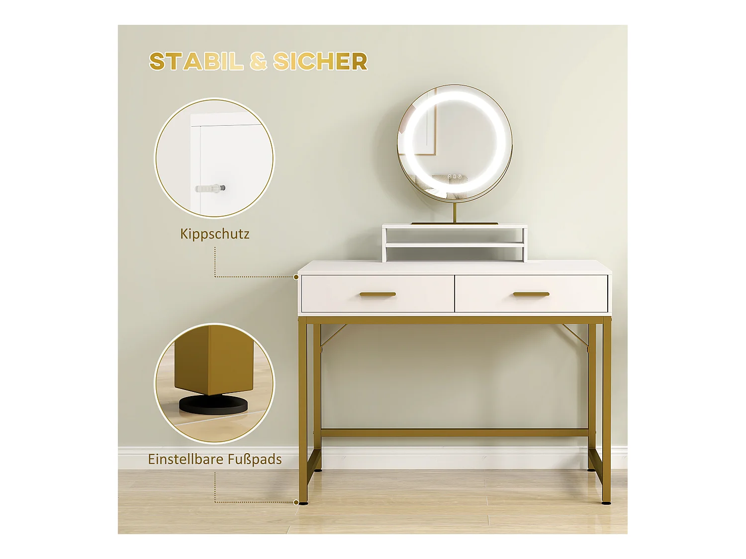 Schminktisch mit LED-Beleuchtung, verstellbarem Spiegel, Schminktisch mit 2 Schubladen