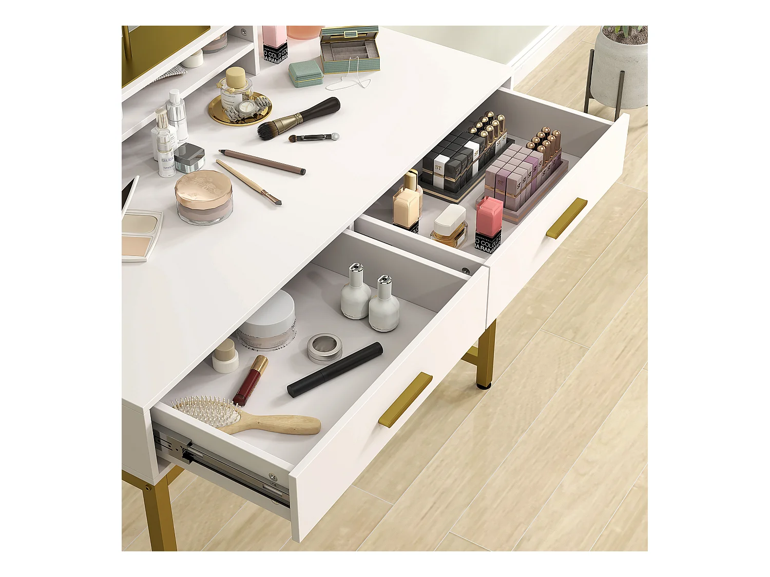 Schminktisch mit LED-Beleuchtung, verstellbarem Spiegel, Schminktisch mit 2 Schubladen