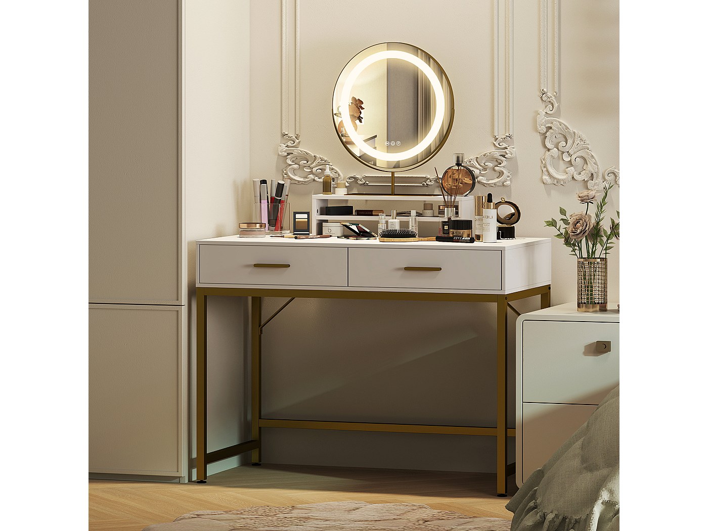 Toeletta Tavolino Da Trucco Tavolo Con 9 Luci LED Luminosità Regolabile Specchio 2 Cassetti 3 Scomparti Giorno Postazione Make Up 40x80x145 Cm Bianco 92216902